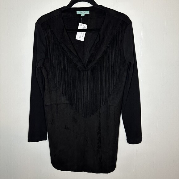 Karlie NWT Faux Suede Fringe V Neck Dress Black Boho Festival Concert Small - Picture 1 of 6